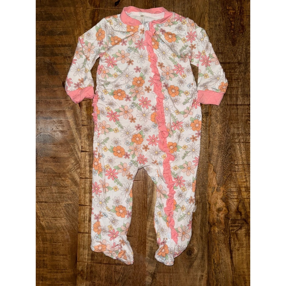 Milkberry Bamboo Floral Ruffle Footie Sleeper Pink Orange Retro Flower 0-3M